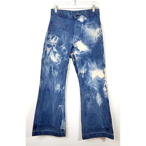 VTG Navy Men's Medium Wash Denim Bleached Bellbottom Flare Jeans Sz 29x30 - Picture 1 of 5